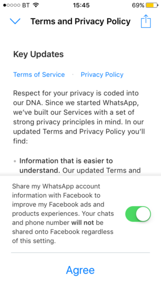 Whatsapp - terms and privacy policy screenshot