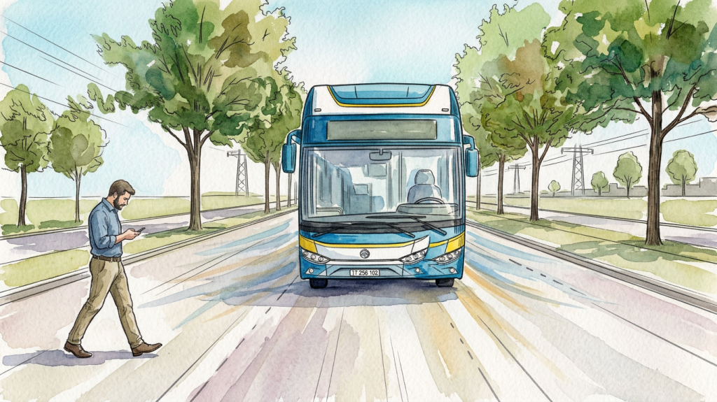 Man occupied on his phone walking into the path of an oncoming bus