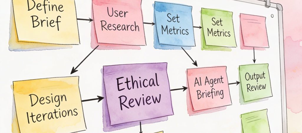 A series of design stickies with an ethical review sticky at the centre