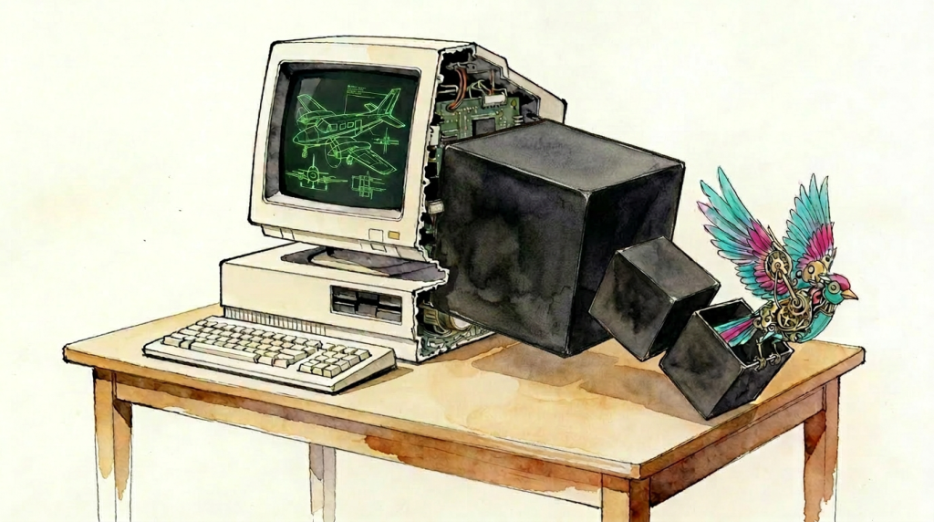 A computer with plan plans on the screen outputting a mechanical bird