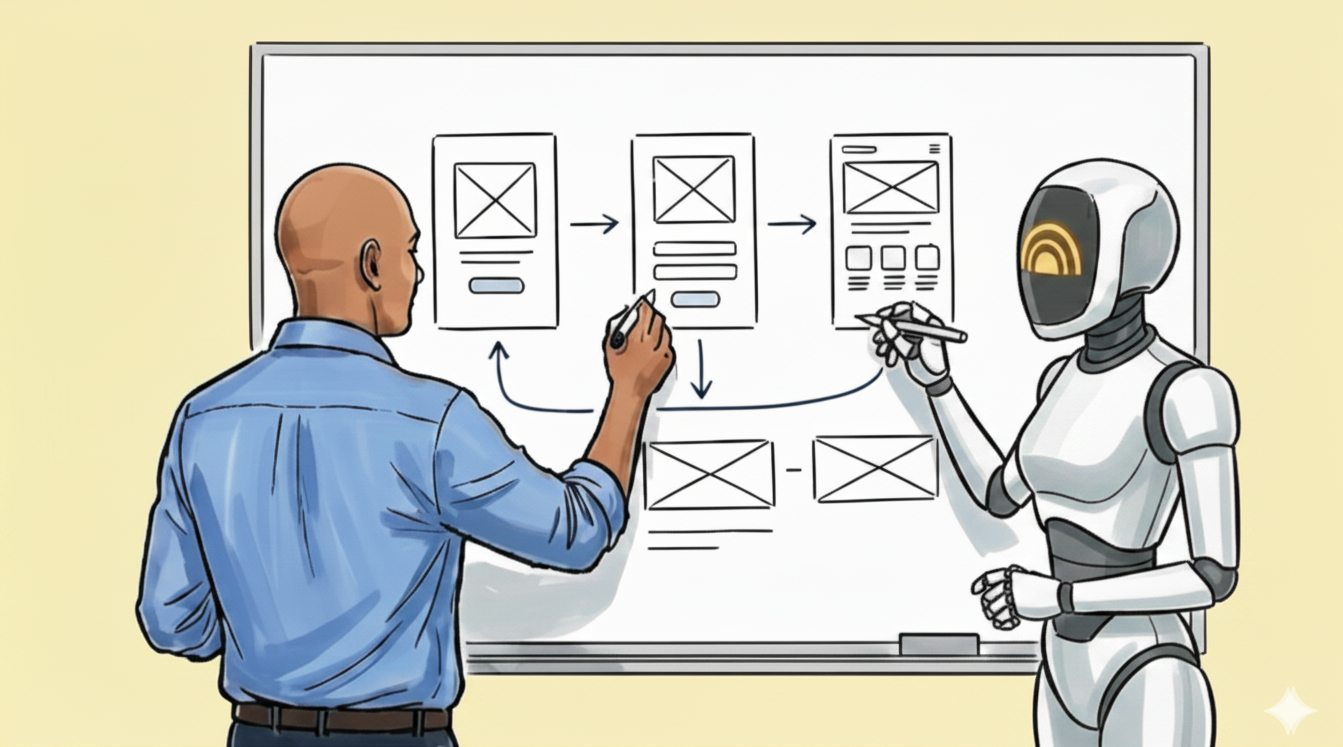 A person whiteboarding UI design with a robot