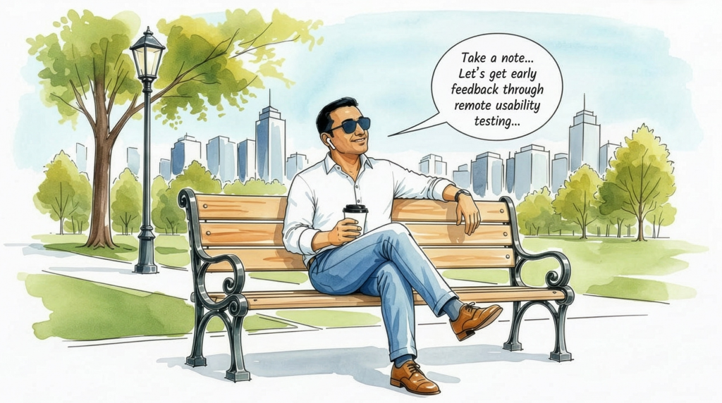 A person sitting on a bench talking to the ARC app to provide document feedback